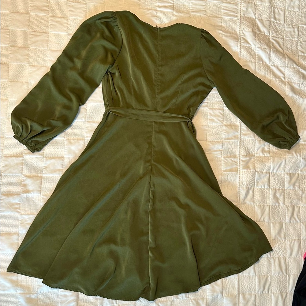Olive Long Sleeve Faux Wrap Bishop Sleeve Dress - Picture 2 of 2